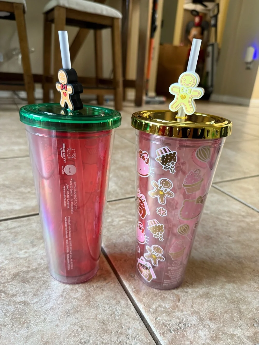 Sanrio Hello Kitty Pink Cup Duo with Green & Gold Lids and Gingerbread Toppers